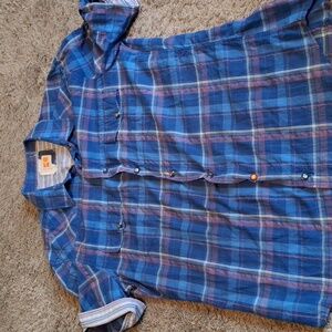 Boss Hugo Boss short sleeve snap button shirt Large Blue Plaid